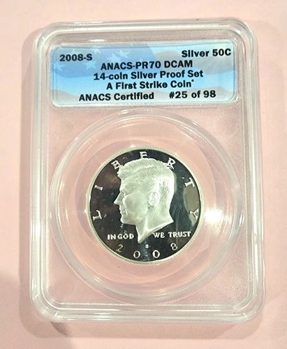 2008-S ANACS-PR70 DCAM Silver Kennedy Half Dollar A First Strike Coin #25 Of 98