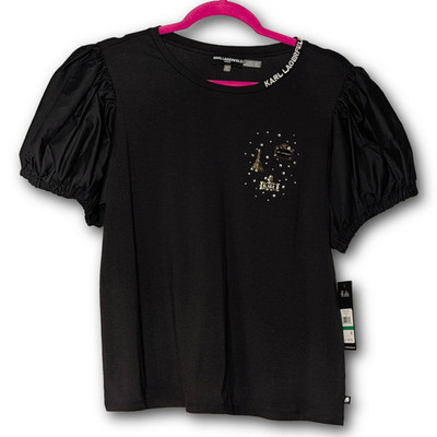 NWT Karl Lagerfeld Paris Size L Black Puff Sleeve Tee Top w/ Metal Charm Detail