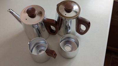 Vintage 70er Jahre SONA Teeservice in Spiegeloptik 4 teilig mit Teak Griffen