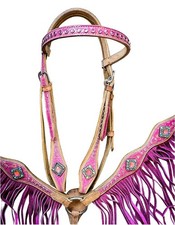 Pink Hand Tooled Leather Headstall Breast Collar Set Western Saddle Horse Tack