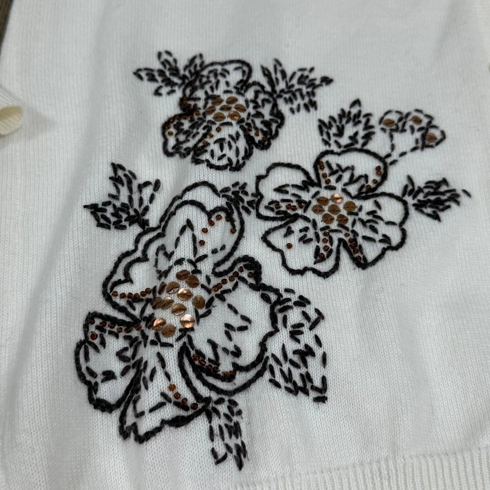 Cárdigan Suéter Vintage Años 90 Blanco Tejido Floral Bordado Talla S Foto 3 de 4