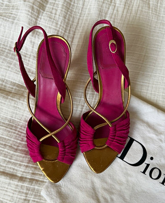 vintage Dior Women s Pink/Gold Suede Strappy Ankle Strap Open Toe Heels 7.5