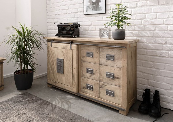 Industrial Sideboard Hell 6 Schubladen SchiebetüR Mangoholz Massiv Kommode-image
