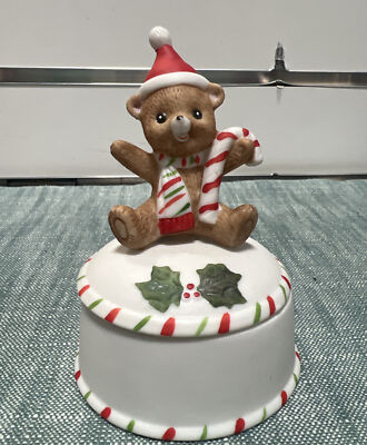 Vintage Lefton Hand Painted Bisque Porcelain Christmas Teddy Bear Trinket Box