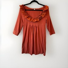 J Crew Dress Womens Medium Orange 3/4 Sleeve Pullover Stretch Scoop Neck Ruffled