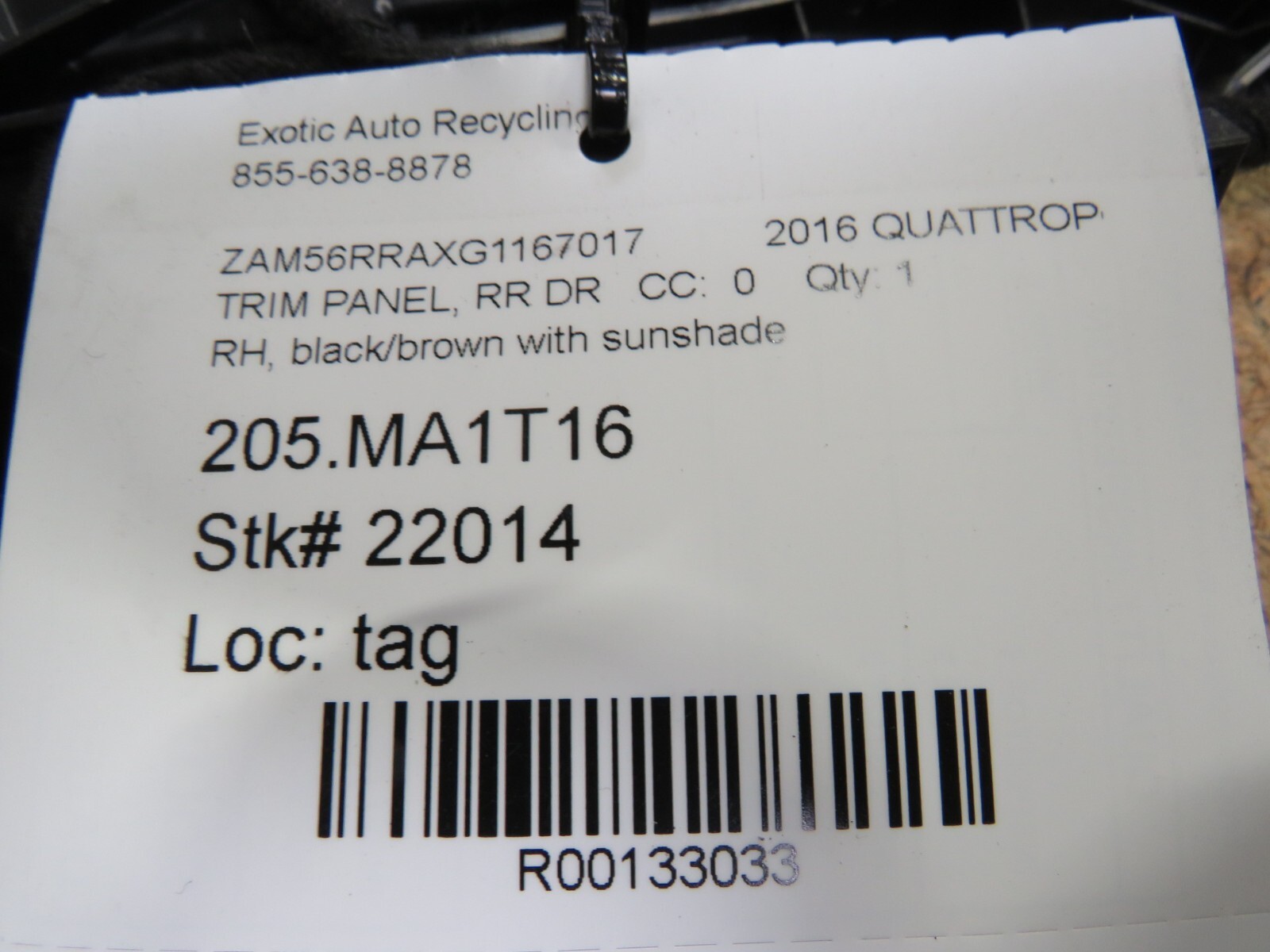 2016 Maserati Quattroporte, RH, Right, Rear Door Panel, Black/Brown, Used