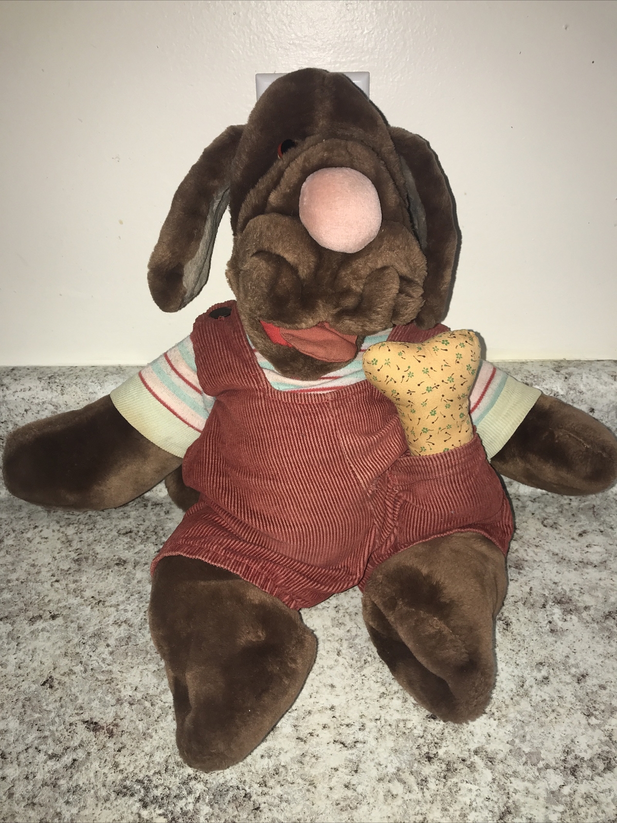 "Pantalones de pana de hueso marrón oscuro 16"" marioneta de mano de perro de felpa arrugas de colección años 80"