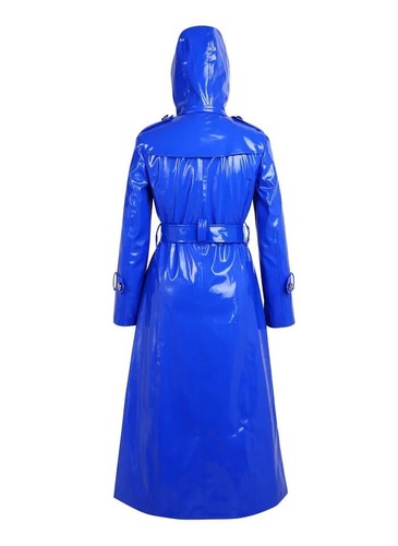 Women's Shiny Vinyl Trench Coat with Hood - Full-Length Waterproof Raincoat - Picture 5 of 14