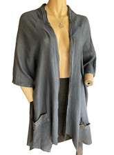 Miss Sugar ~ Blue Linen Mix Lagenlook Open Front Draped Jacket Top Made In Italy