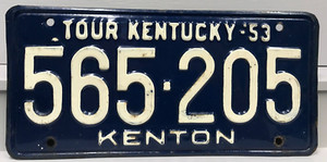 1953 Kentucky License Plate Tour 565-205 Kenton