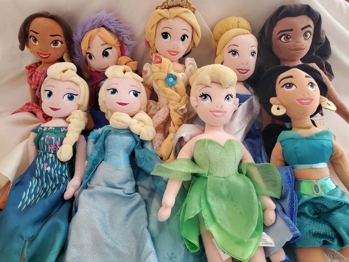 DISNEY STORE SOFT PLUSH PRINCESS DOLLS LOT OF 9 CINDERELLA JASMINE MOANA  ELSA