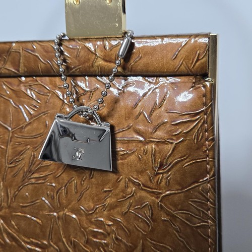 Vintage Jeanne Lottie Top Henkeltasche braun glasiert geprägt Trapez strukturiert - Bild 2 von 12