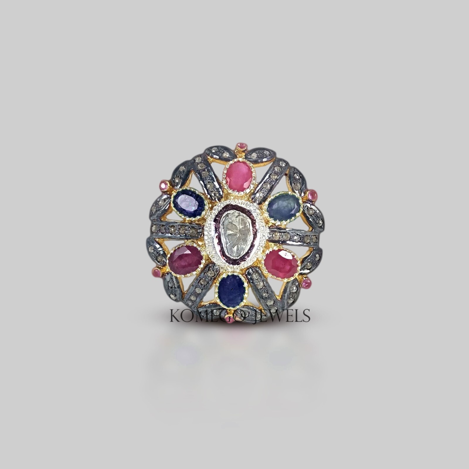 Elegant Multi Gemstone Floral Cocktail Ring with Polki and Pave Diamonds