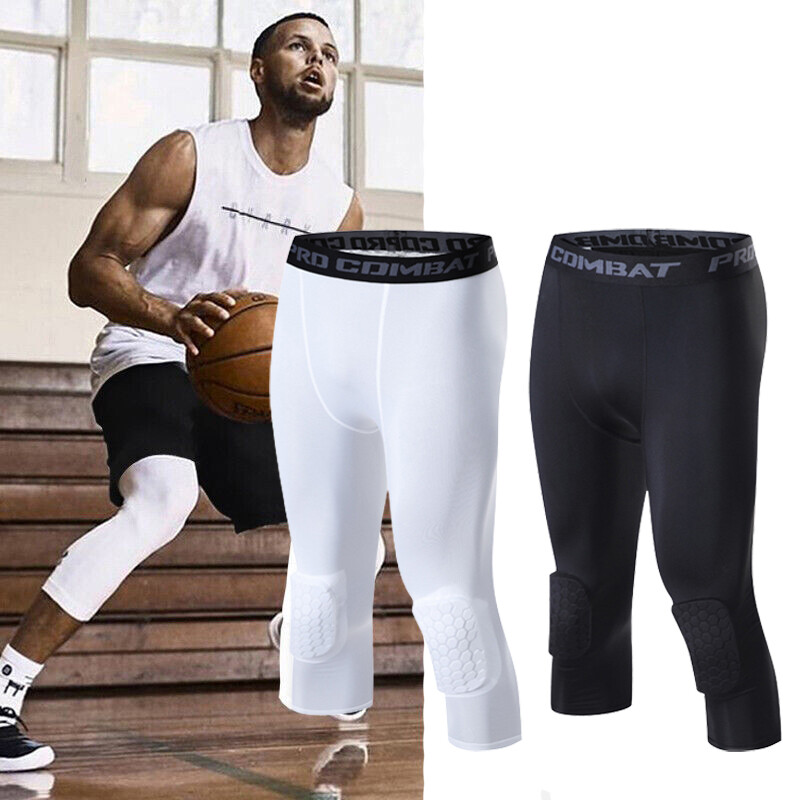 Mens Athletic Basketball Knee Hex Pads Pants Capri Mens Athletic Basketball Knee Hex Pads Pants Capri