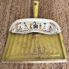 Vintage JV REED Metal Dust Pan M. Taber Dutch Amish Folk Design Kitchen Yellow