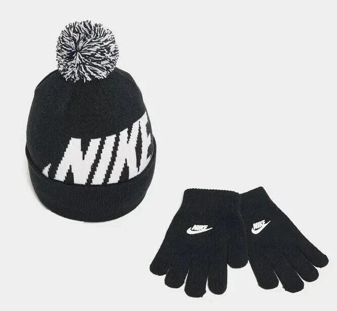 NIKE Kids Unisex Boy Girls Nike Stylish Snow Beanie Hat And Gloves Set AGE 10-14