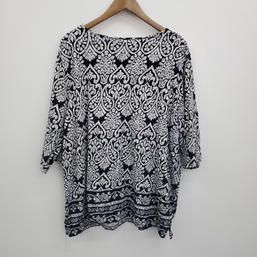 Catherines Black White Paisley Tunic Top 2X Plus Cotton 3/4 Sleeve Boho Feminine - 第 3/12 張圖片