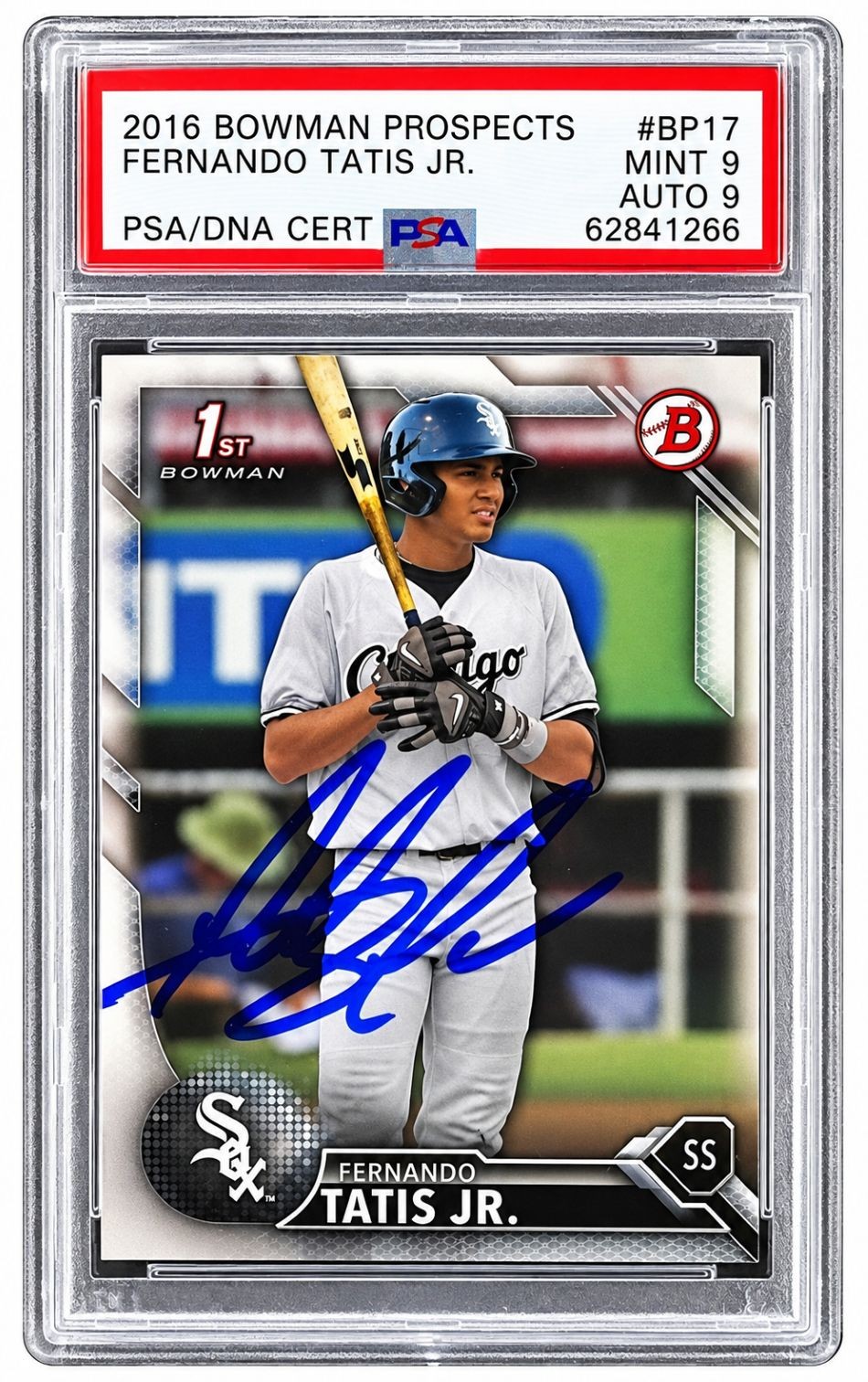 Fernando Tatis Jr Signed 2016 Bowman Prospect BP17 Rookie Card PSA Mint 9 Auto 9 view 1