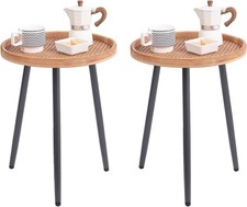 2 Pack Rattan Round End Table Mental Side Table Nightstand/Small Wood Tables