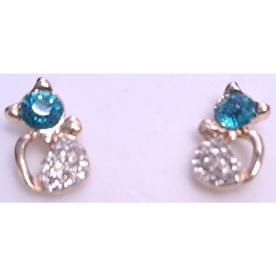 Aqua Clear Crystal Sparkling Kitty Cat Feline Lover Earrings Gold PLated Jewelry