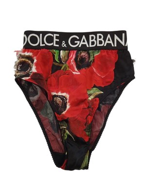 DOLCE & GABBANA Floral High-Waist Briefs Black & Red Silk Blend XS RRP235 NEW