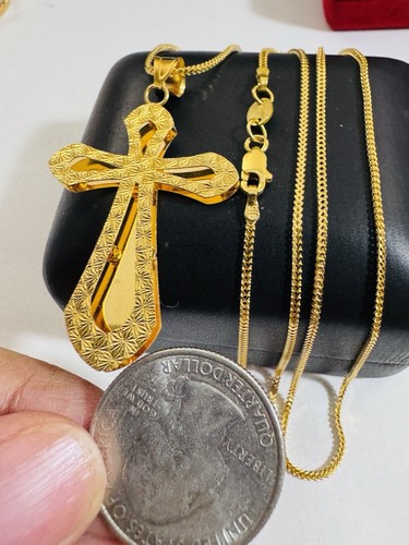 New Pure 22K 916 Real Yellow Dubai Gold 22” Long Cross Set Necklace 1.6mm 9g - Picture 18 of 24