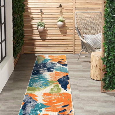 Arles Palm Floral Leaves Non-Shedding Runner Rug Patio Deck Backyard Indoor/O...