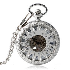 Silver Hollow Sunflower Cover Unisex Automatic Mechanical Pendant Pocket Watch