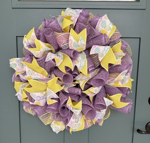 Handmade Wreath Mesh and Ribbon Holiday Easter Egg & Bunny Door Decoration - Picture 1 of 5