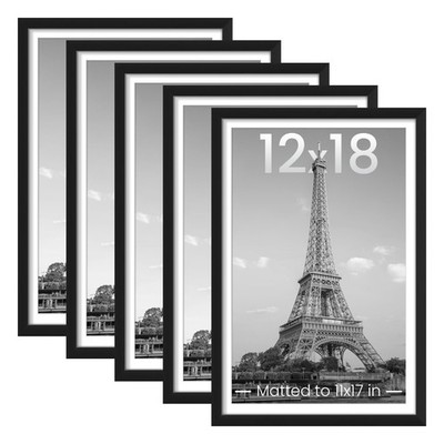 Set of 5 Black 12x18 Picture Frames for Wall Gallery - Display 11x17 with Mat