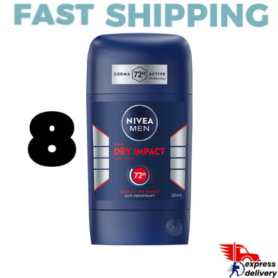 NIVEA Men Dry Impact - 72hr Anti-Perspirant Deodorant Stick 50ml, Pack of 8