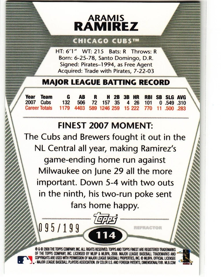 2008 Topps Finest Green Refractor #095/199 ARAMIS RAMIREZ #114 Cubs - Image 2 of 2