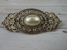 Vintage Metal Gold Tone and Faux Pearl Hair Barrette Clip Made in France