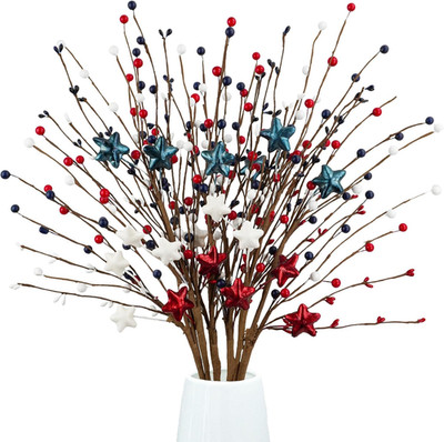 6Pcs Patriotic Artificial Berry Stem, 27  Red White Blue Berries Picks for 4Th o