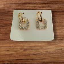 Image of Gold Tone Square Diamonte Detail Drop Earrings #008