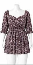 Yours Floral Tunic Top Size 18 Black Multicolour Sweetheart Neck Elastic Waist N