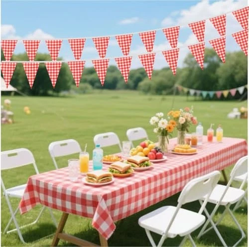 Paquete de 2 guirnalda de banderines a cuadros rojos bandera triángulo decoraciones Foto 2 de 4