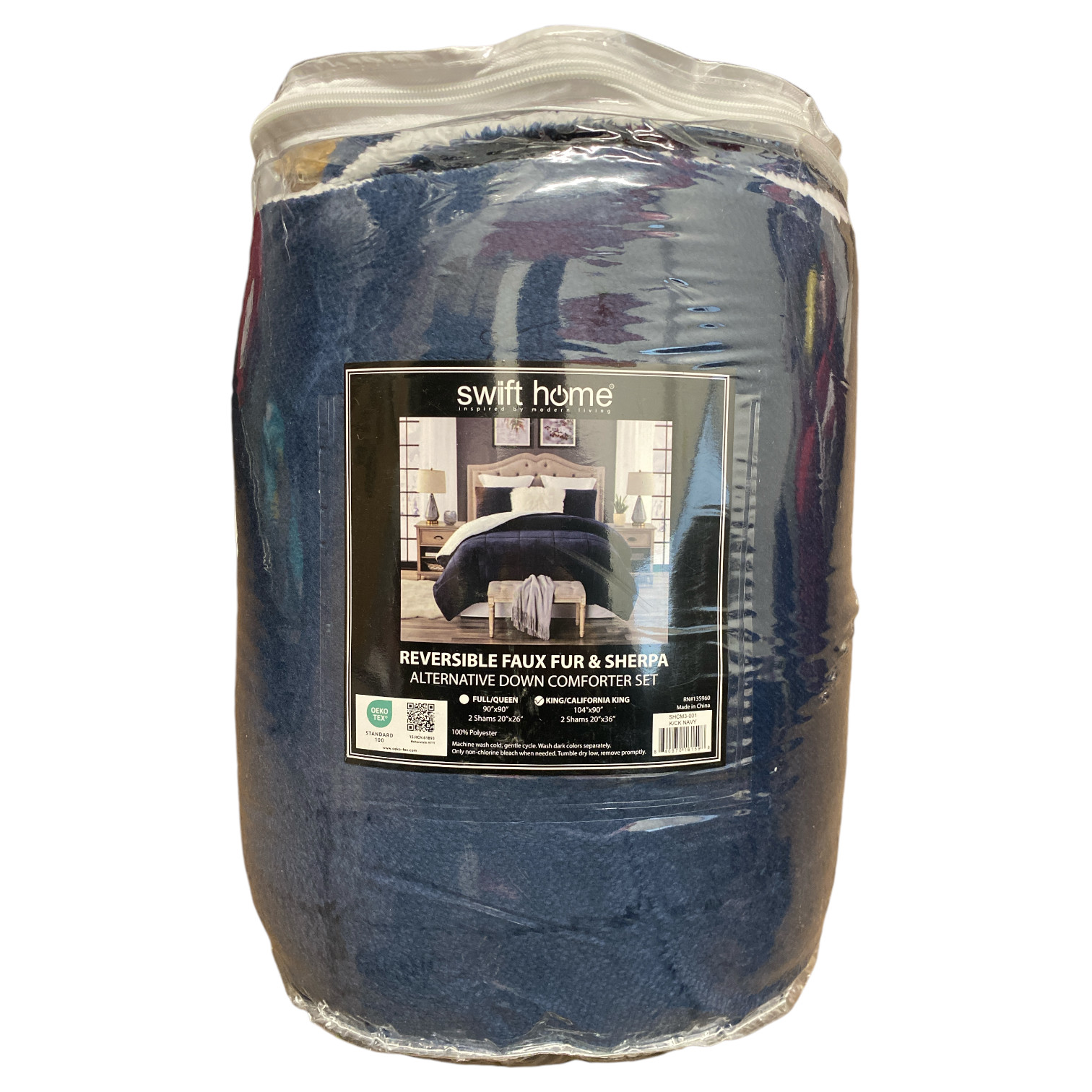 Swift Home, комплект из 3 предметов, стеганое одеяло из искусственного меха и шерсти шерпа, King/Cal King, темно-синий