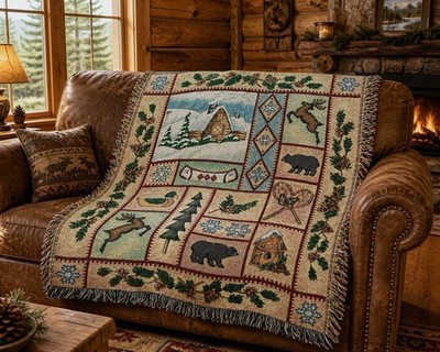 VTG Manual Woodworkers Weavers WINTER LODGE Cabin Tapestry Throw Blanket 50 x60 