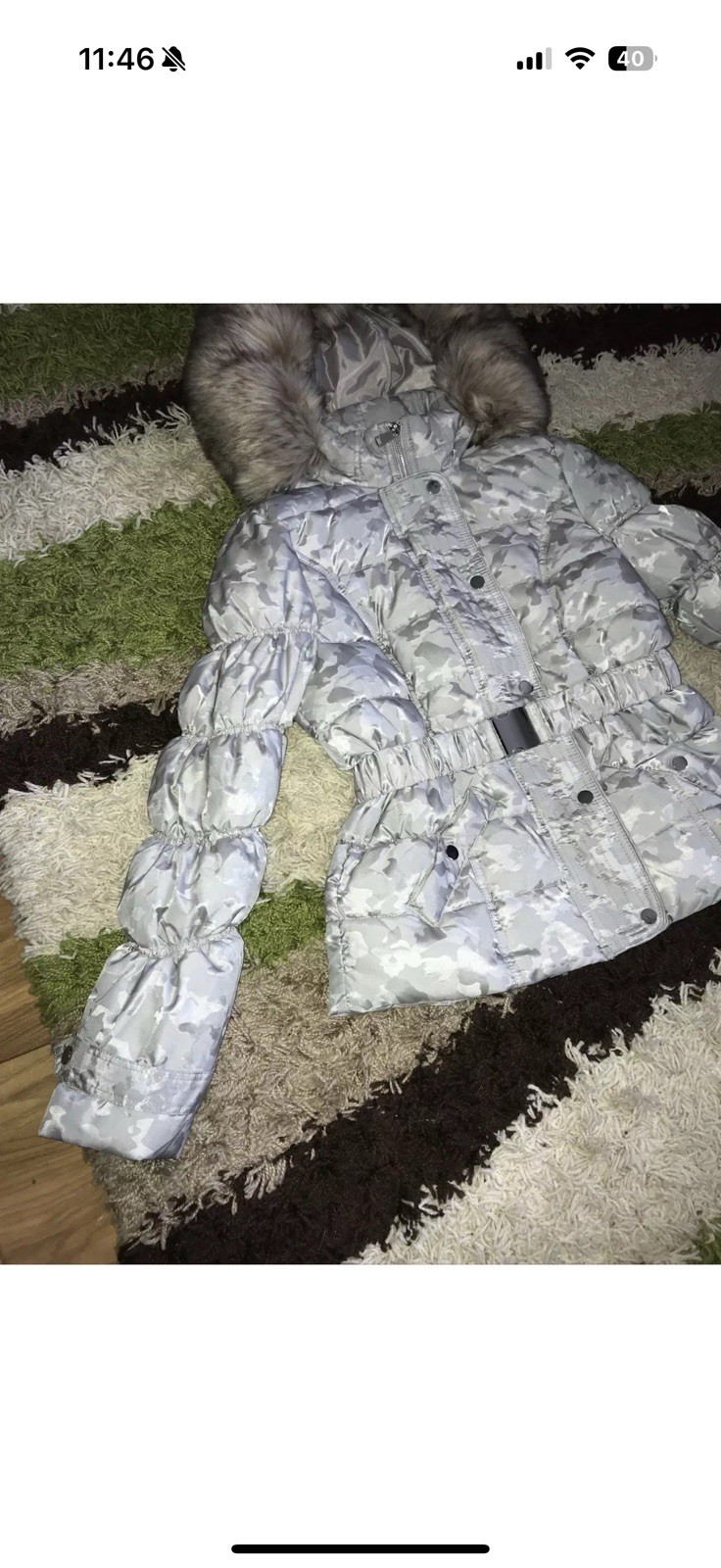 Ladies Size 10 River Island Grey Camo Print Puffer Jacket Belted Faux Fur Hood image 2