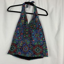 Old Navy V-Neck Tankini Bikini Top Floral Women  s Sz S Blue Black Pre Owned