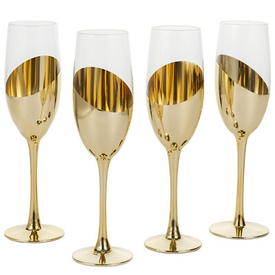 6 oz Brass Stemmed Champagne Flutes, Wedding Party Wine Stemware, Set of 4