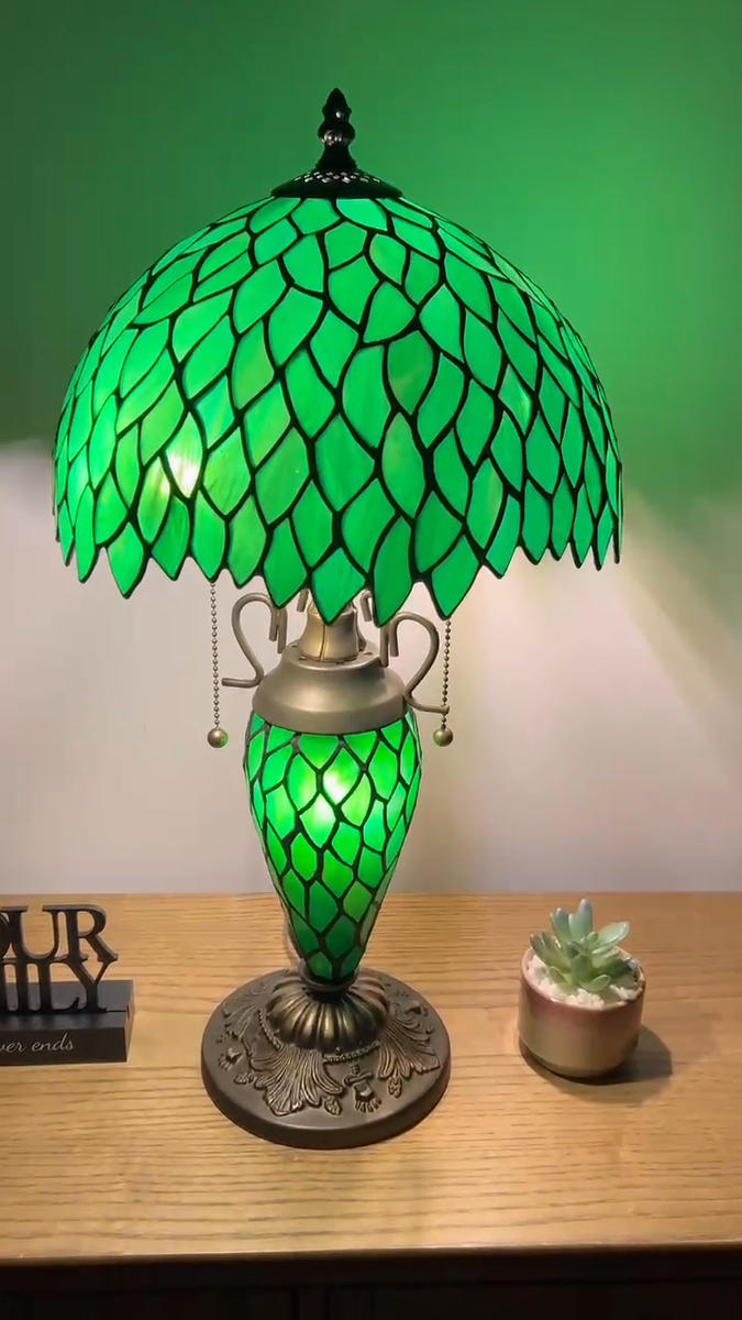 Tiffany Style Table Lamp Green Stained Glass Mother-Daughter Vase