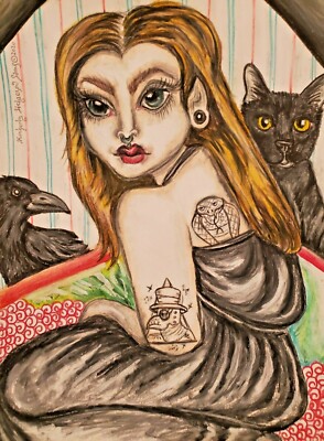 13x19 Gothic Elf Girl Tattoo Piercings Crow Black Cat Art Print by Artist KSams