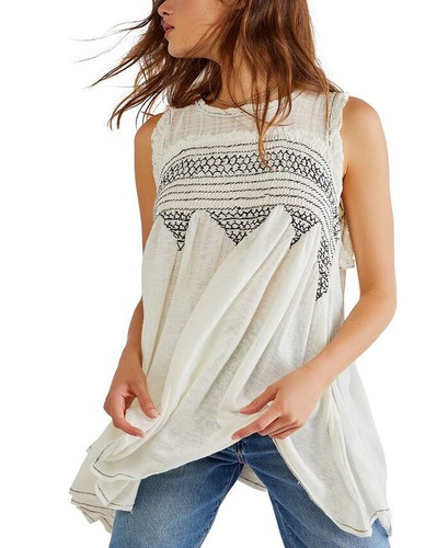 Free People Sea Breeze Tunic Top Embroidered Remix Buttondown White Summer XS