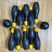 Vtg Toy Wooden Bowling Pins Set 10  2 Wood Balls 5  Tall Black Yellow Tabletop