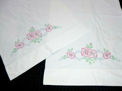Pr Vtg Cotton Fancy Pillowcases Embroidered Pink Flowers 18.5x32