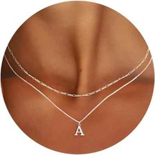 2pcs Fashion Initial Necklace Silvery Letter A Pendant Dainty Chain Women Gift