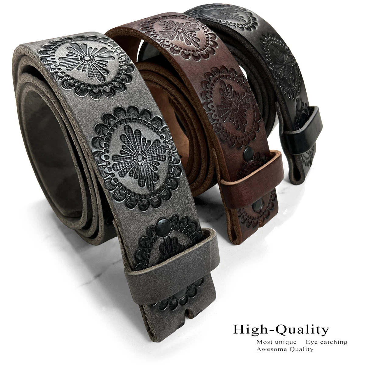  Floral Engraved One Piece Genuine Full Grain Leather Belt Strap 1-1/2" Wide