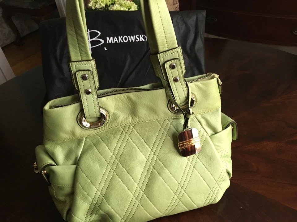 B. MAKOWSKY Medium Green Leather Shoulder Hobo Tote Satchel Slouch Purse Bag